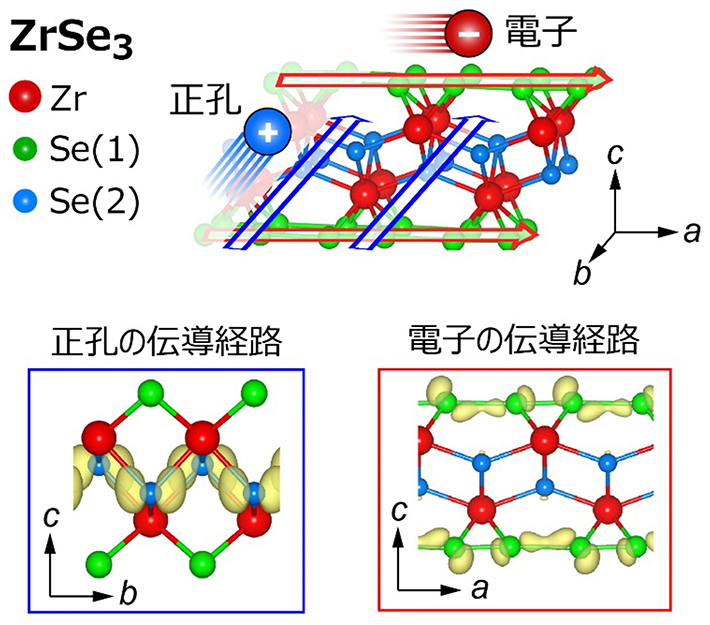 図5. ZrSe<sub>3</sub>の結晶構造と電子・正孔の異方的な伝導経路。電子と正孔は、それぞれ異なるSe原子（Se(1)とSe(2)）の結合ネットワークを媒介して伝導し、電子は<i>a</i>方向、正孔は<i>b</i>方向に優先的に流れる。下段の黄色で示した電子雲は、正孔および電子が結晶中で通りやすい伝導経路を視覚的に示している。