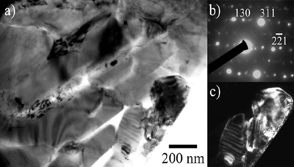 Al/Fe異種金属接合材の波状界面近傍の断面TEM組織（Fe-rich側）。a）明視野像の右下に観察される結晶粒のb）電子回折像ならびにc）暗視野像から、Fe2Al5の生成が確認された