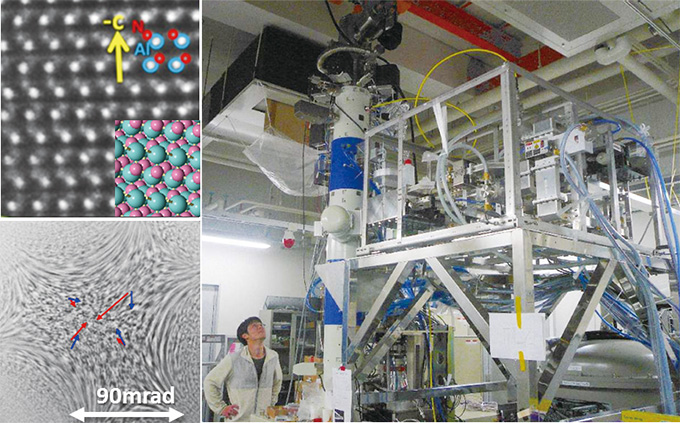 図3. 上：AlNの超高分解能電子顕微鏡写真。左下：ロンチグラムの自動中心検出トレース。右：開発中の高周波加速TEMの外観