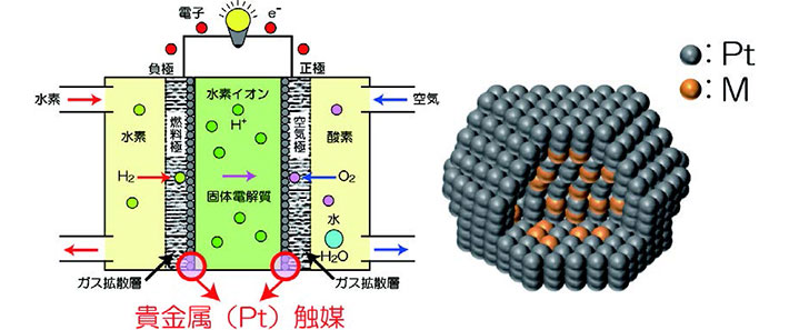 固体高分子形燃料電池の模式図（左）とコアシェルPt-M合金系電極触媒の模式図（右）