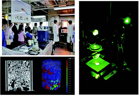 （左上）工大祭で一般公開しているガラスの熔融実験　（左下）高温X線CTによる廃棄物固化ガラスの3次元画像解析　（右）高温ラマン散乱分光装置