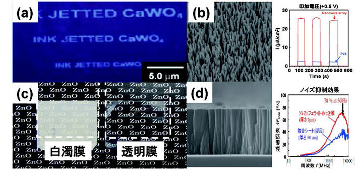 （a）蛍光CaWO4の文字、（b）ナノロッドアレイ型光電極、（c）透明導電性ZnO膜、（d）電磁ノイズ抑制フェライト膜