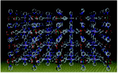コバルトポルフィリンが銅イオンで架橋された2次元構造が積み重なった薄層。Nature Materials 9, 565 (2010).