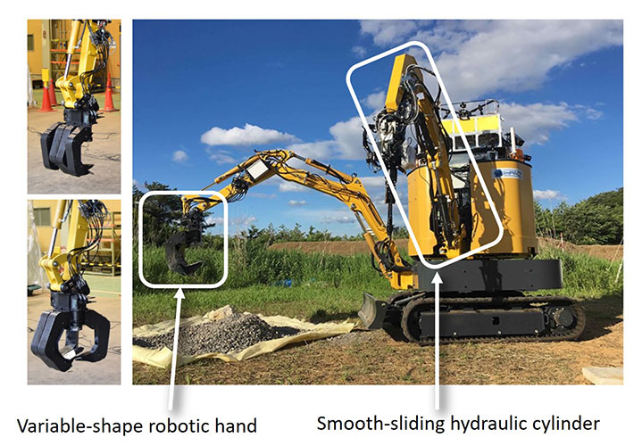 Figure 5. Smooth-sliding hydraulic cylinder and variable-shape robotic hand installed in a construction robot (developed in ImPACT by Komatsu, Osaka University, and others)