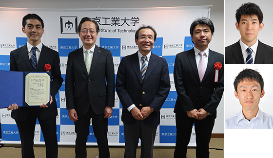 (写真左）左から坂本准教授、益学長、渡辺理事・副学長、岡田教授 （写真右）白根助教（上）、戸村助教（下）