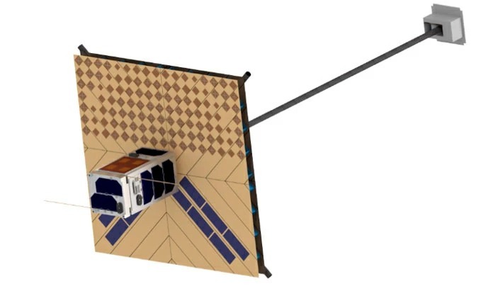図1 「折り紙構造による超高利得展開リフレクトアレーアンテナ技術の宇宙実証」を目指す超小型衛星「OrigamiSat-2」の概念図（打ち上げ時のサイズ10 cm×10 cm×34 cmの衛星から50 cm×50 cmの膜アンテナおよび1 mの姿勢安定用マストを展開） 