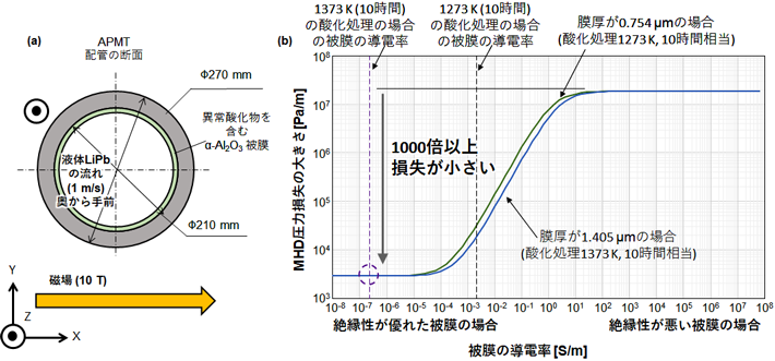 図3 APMT配管の中を流れる液体リチウム鉛合金によるMHD圧力損失 (a) 計算体系、(b) シミュレーション結果 