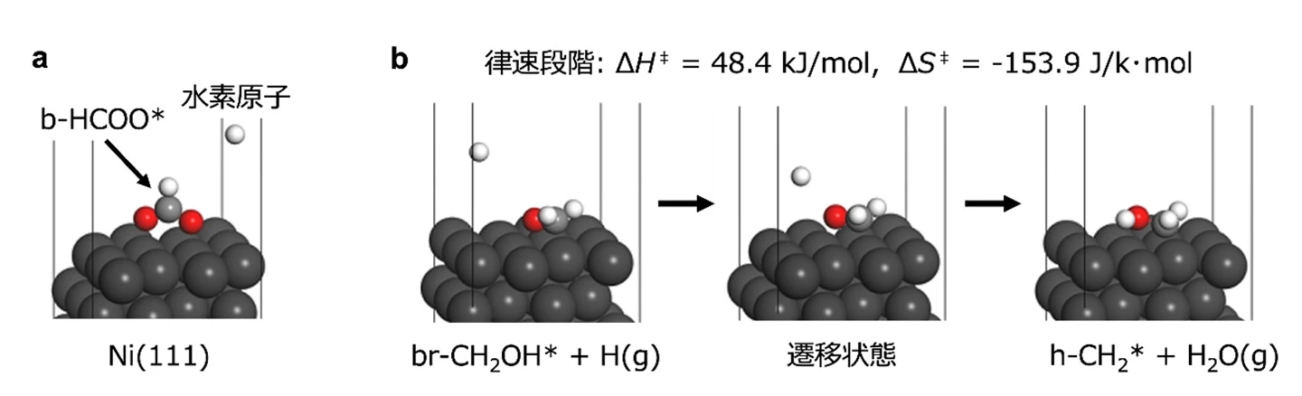 図3. （a）計算に使用したモデル、（b）反応律速過程：brはbridge（橋掛け）、hはhollow（3原子の中央）を意味する。