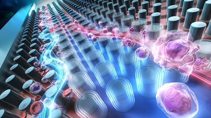 温度応答型マイクロピラーアレイデバイスによる細胞分離イメージ。掲載号のバックカバーに採用