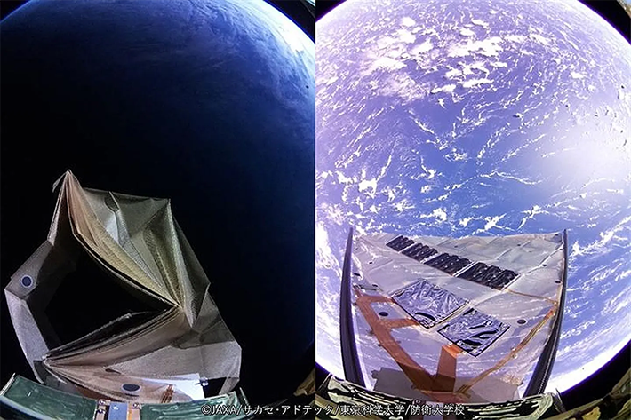図1. HELIOS-R膜展開運用中に撮影した、展開前（左）と展開後（右）の写真<br />
写真中央部にある薄膜の背景に地球が映っている。