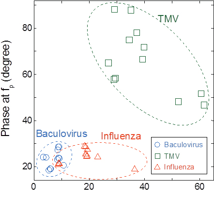 計測した3種類のウイルス（インフルエンザ、バキュロ、タバコモザイク）のクラスターマッピングによる分析結果。濃度は1011 to 1014 virions/mLの範囲で計測。