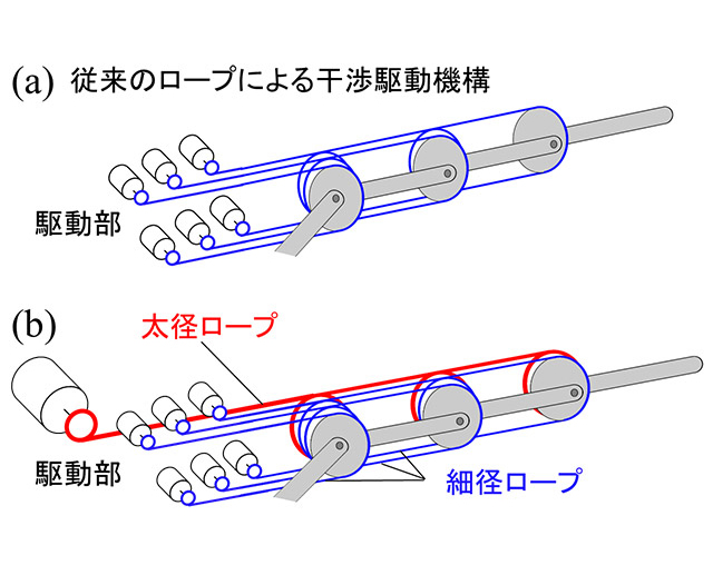図5. 従来の干渉駆動機構（a）、本ロボットの機構（b）