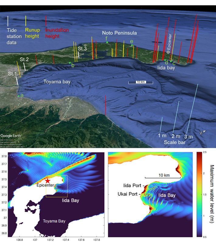 Figure 1. Tsunami height map created based on observational data (top panel) and simulated maximum water levels and tsunami concentrated near the tip of Noto Peninsula, further amplified in Iida Bay (bottom panels).