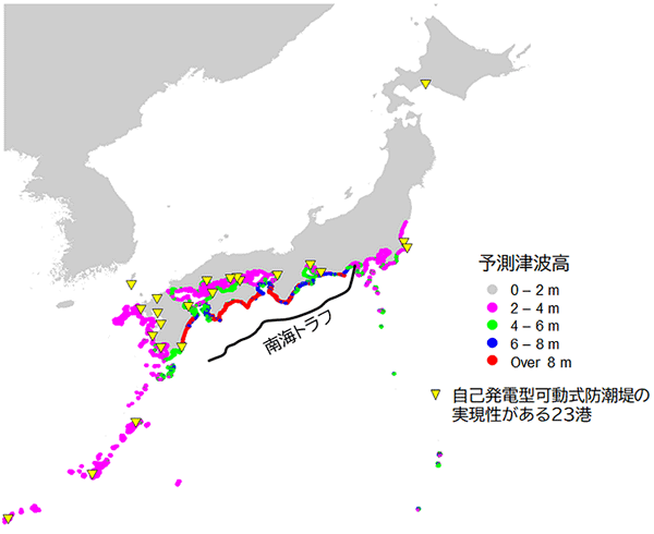 図6 南海トラフ地震による津波想定（内閣府シナリオ：ケース3）および自己発電型可動式防潮堤の実現性が比較的高いと判定された23港の位置図 