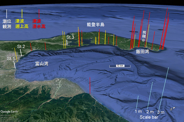 図1. 能登半島や富山湾内で計測された津波の高さ。気象庁、土木学会、英国バース大学など各調査チームの計測記録および気象庁、国土交通省の各潮位観測所で観測された最大水位に基づき、東京工業大学研究チームが作成。