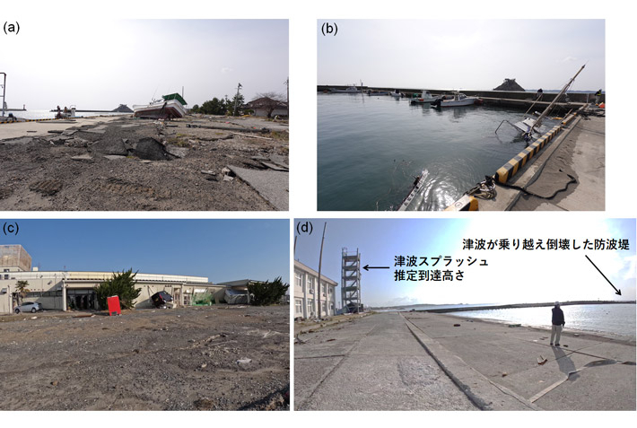 図6. 津波による珠洲市の被害状況。(a) (b) 鵜飼漁港、(c) (d) 飯田港。