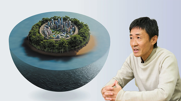 Prof. Takagi and an image of hybrid disaster prevention  (Generated by Adobe Firefly)
