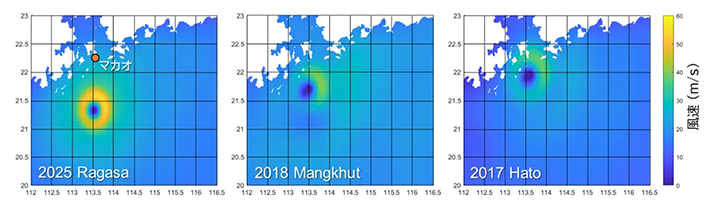 図3. 3つの台風におけるマカオ最接近時の推定風速分布