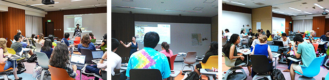 （左）ケネディー教授の講義風景、（中央）ハーシュ博士の講義風景、（右）グループワークに取り組む学生たち